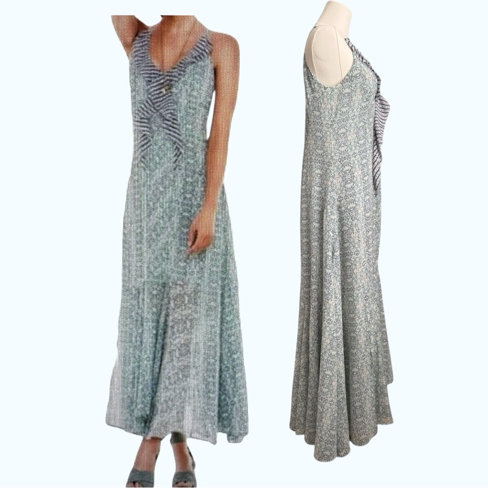 CAbi Garden Party Floral Print, Sleeveless, Ruffled Neckline Maxi Dress Sz 4